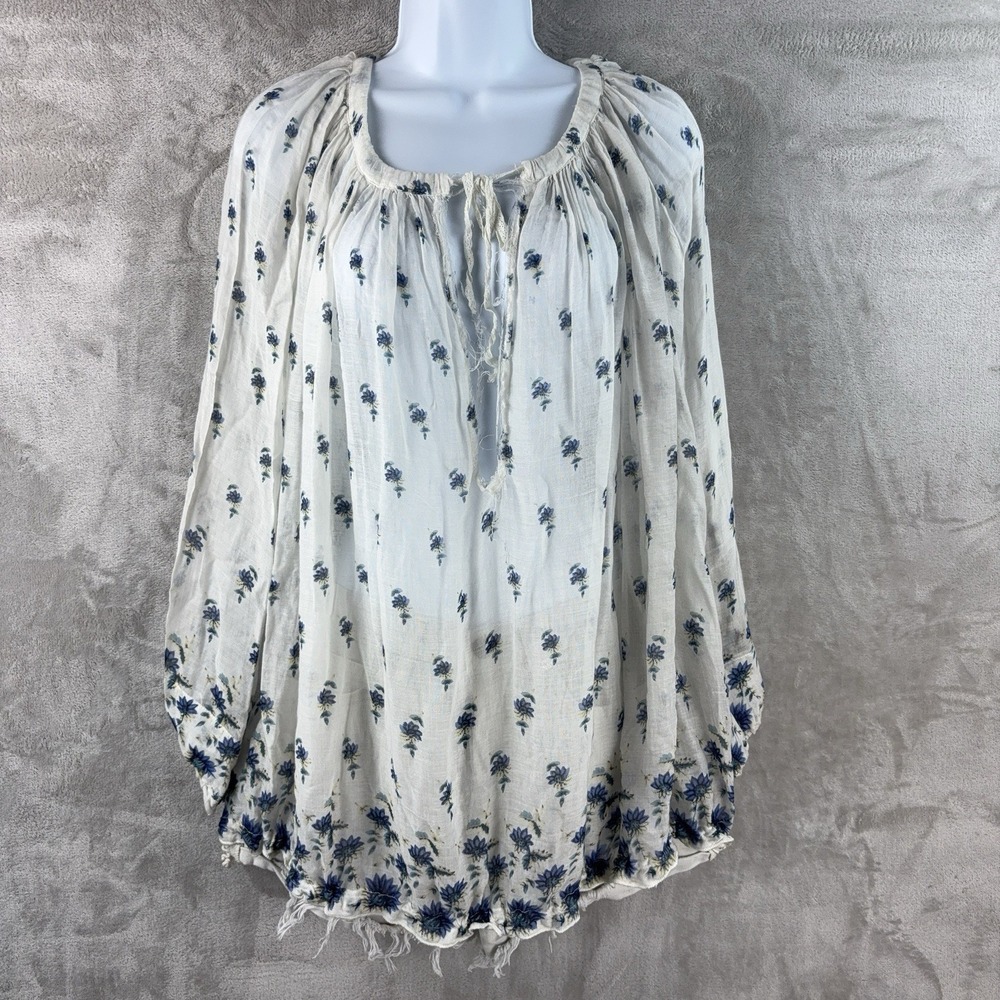 Free People FP One Tunic Blouse Womens Size‎ XS White Blue Floral Sheer Peasant